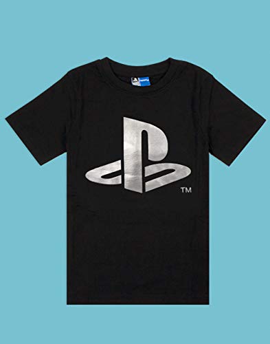 Playstation T-Shirt Kids | Boys Foil Game Console Logo Black Short Sleeved Top | Gaming Gift Merchandise 7-8 Years