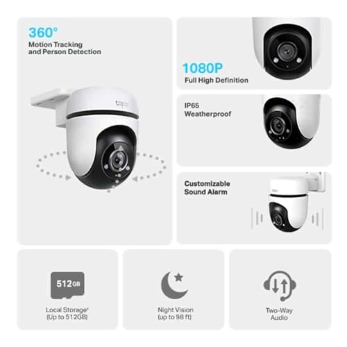 Tapo 1080p Full HD Outdoor Pan/Tilt Security Wi-Fi Camera, 360° Motion Detection, IP65 Weatherproof, Night Vision, Cloud &SD Card Storage, Works with Alexa&Google Home (Tapo C500) White