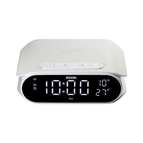 Roxel RAC-10 Bedside Alarm Clock With Super Fast Wireless Charging (5W/10W/15W), For iPhone & Samsung, USB Charger, Mood Lighting Night Lamp function Dimmable LED Display (White)