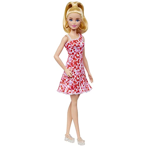 Barbie Fashionistas Doll #205 with Blond Ponytail, Wearing Pink and Red Floral Dress, Platform Sandals and Hoop Earrings, HJT02
