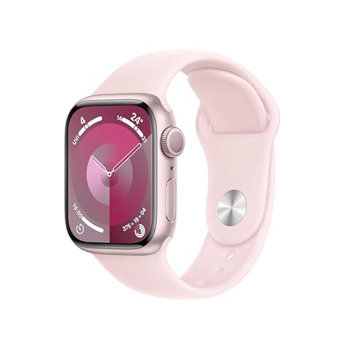 Apple Watch Series 9 [GPS 41mm] Smartwatch with Pink Aluminum Case with Light Pink Sport Band S/M. Fitness Tracker, Blood Oxygen & ECG Apps, Always-On Retina Display, Water Resistant