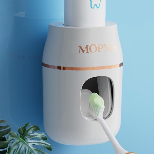 MOPMS Upgraded Toothpaste Dispenser Automatic Wall Toothbrush Holder for Bathroom Hanging Toothpaste Squeezer for Kids and Adult (White & Rose Gold-1Pcs)