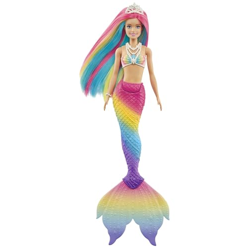 Barbie Dreamtopia Mermaid Doll, Rainbow Hair Barbie Doll with Blue Eyes, Water Activated Colour Changing Doll, Toys for Ages 3 and Up, One Mermaid Barbie Doll, GTF89