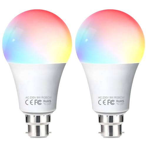 Fitop WiFi Smart Light Bulb B22 Bayonet, Dimmable White and Colour Changing Light Bulb, 9W 806LM=80W RGBCW LED Compatible with Alexa/Google Home/Siri, 2700K-6500K, No Hub Required 2 Pack