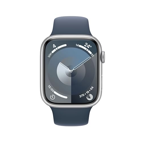 Apple Watch Series 9 [GPS 45mm] Smartwatch with Silver Aluminum Case with Storm Blue Sport Band M/L. Fitness Tracker, Blood Oxygen & ECG Apps, Always-On Retina Display, Water Resistant