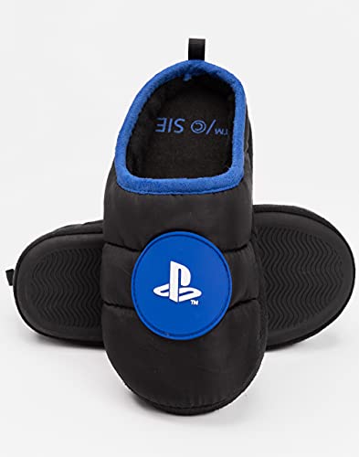 Playstation Slippers For Kids Teens | Boys Girls Game Console Logo House Shoes Merchandise For Him | Black Blue Slip On Loafers 1 UK