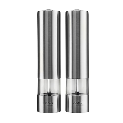 Cooks Professional Electric Automatic Salt & Pepper Mill Set with Adjustable Grinding, Easy to Refill, One Touch Button Condiment Grinder (Stainless Steel + Base)……