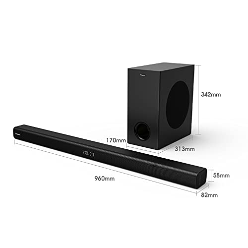 Hisense HS218 2.1ch Sound Bar with Wireless Subwoofer, 200W, Powered by Dolby Audio, Bluetooth, HDMI ARC/Optical/AUX/USB, 3EQ Modes, Black