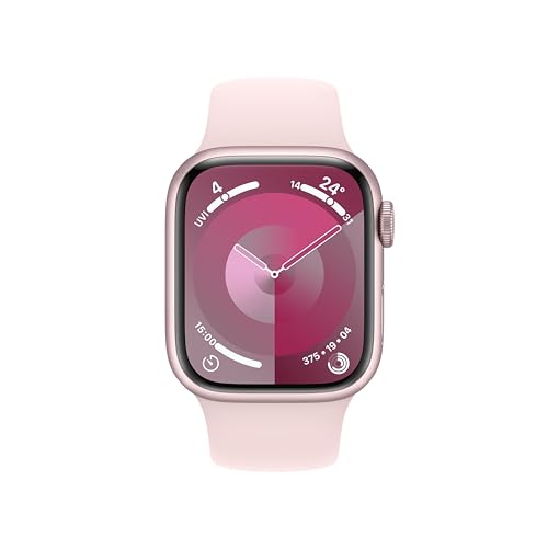 Apple Watch Series 9 [GPS 41mm] Smartwatch with Pink Aluminum Case with Light Pink Sport Band S/M. Fitness Tracker, Blood Oxygen & ECG Apps, Always-On Retina Display, Water Resistant