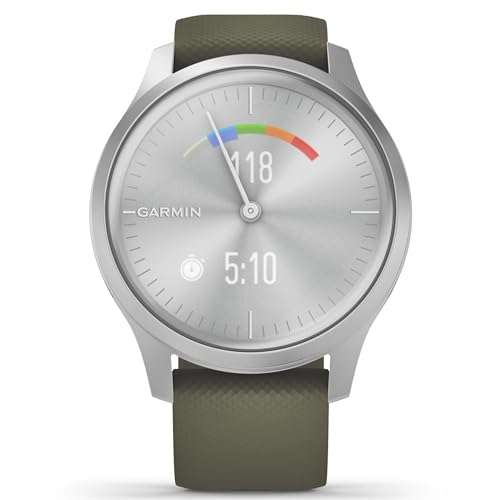 Garmin vívomove Trend, Stylish Hybrid Smartwatch with Health and Fitness functions, Real Watch Hands, Hidden Colour Touchscreen Display and up to 5 days battery life, Silver and Moss