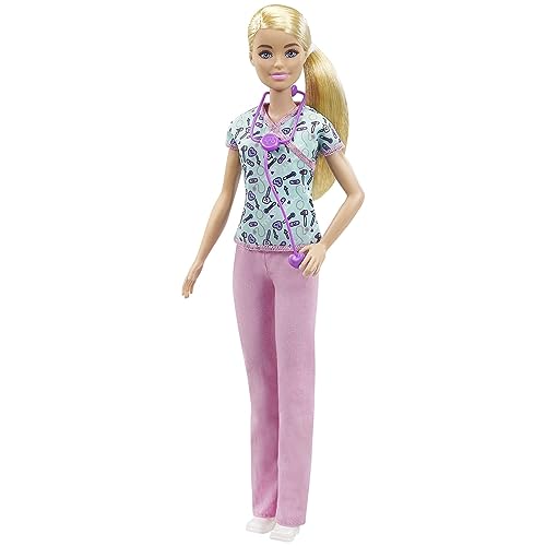 Barbie Nurse Blonde Doll with Scrubs Featuring a Medical Tool Print Top & Pink Pants, White Shoes & Stethoscope, Gift for Ages 3 Years Old & Up - GTW39