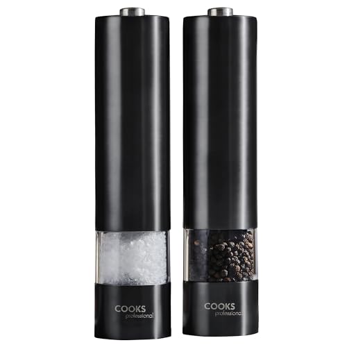 Cooks Professional Electric Automatic Salt & Pepper Mill Set with Adjustable Grinding, Easy to Refill, One Touch Button Condiment Grinder (Stainless Steel) (Black)