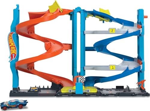 Hot Wheels City Racetrack, Transforming Race Tower, 2-in-1 Tower Mode or Race Mode for Single or Dual Racing, Includes 1 Toy Car in 1:64 Scale, Toys for Ages 3 and Up, One Pack, HKX43