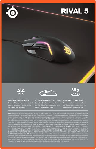 SteelSeries Rival 5 - Gaming Mouse – FPS, MOBA, MMO, Battle Royale – 18,000 CPI TrueMove Air Optical Sensor – 9 Programmable Buttons – 85 g Competitive Weight, Black