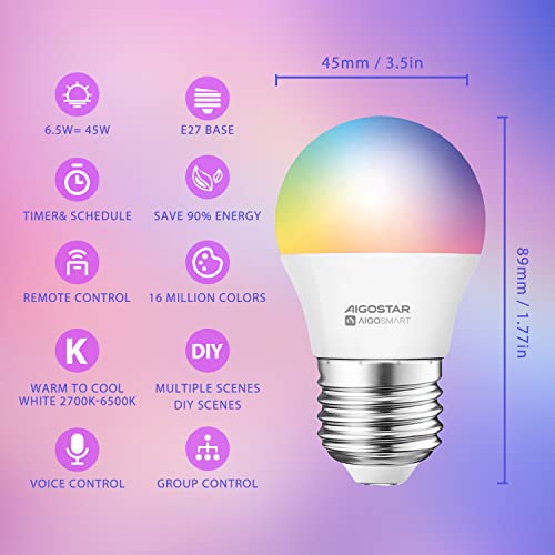 Aigostar Smart Bulb E27, Alexa Light Bulb, WiFi Smart Bulb 6.5W RGBCW LED Colour Changing Light Bulb Compatible with Amazon Alexa and Google Home, Dimmable, No Hub Required, 6 Pack