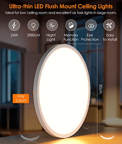 bedee 12 Inch 24W LED Ceiling Light 3000K-6500K Dimmable Ceiling Lights IP44 Bathroom Light 2880lm Flush Kitchen Lighting 2.4cm Ultra Thin Led Lights for Bedroom Livingroom Hallway Office Garage