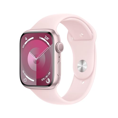 Apple Watch Series 9 [GPS 45mm] Smartwatch with Pink Aluminum Case with Light Pink Sport Band M/L. Fitness Tracker, Blood Oxygen & ECG Apps, Always-On Retina Display, Water Resistant