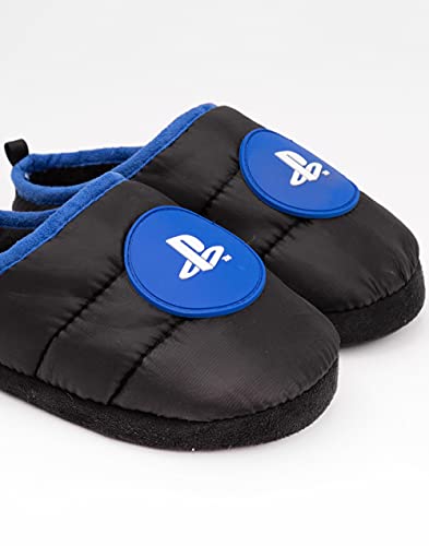 Playstation Slippers For Kids Teens | Boys Girls Game Console Logo House Shoes Merchandise For Him | Black Blue Slip On Loafers 1 UK