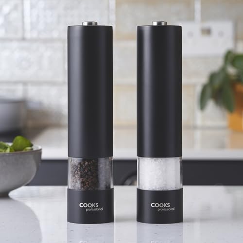 Cooks Professional Electric Automatic Salt & Pepper Mill Set with Adjustable Grinding, Easy to Refill, One Touch Button Condiment Grinder (Stainless Steel) (Black)