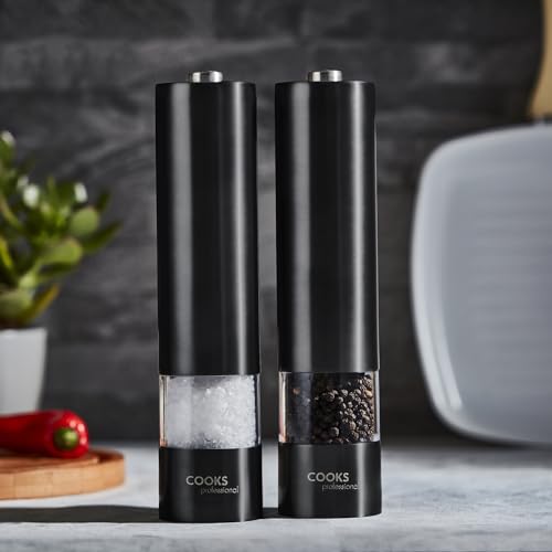 Cooks Professional Electric Automatic Salt & Pepper Mill Set with Adjustable Grinding, Easy to Refill, One Touch Button Condiment Grinder (Stainless Steel) (Black)