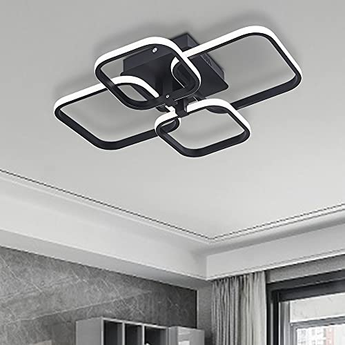 XEMQENER Modern LED Ceiling Light with 4 Squares, 60W Flush Mount Pendant Light, Black Acrylic Chandelier for Living Room Bedroom Dining Room, Cool White Light Only, 6000K