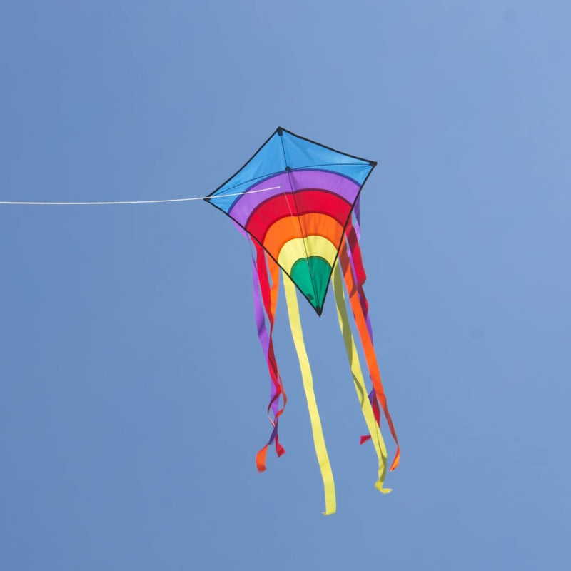 CIM Kite - Rainbow Eddy – single line kite for children from the age of 3 years up - 65x74cm - incl. kite string and 8x105cm striped tails (Blue)