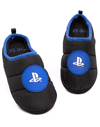 Playstation Slippers For Kids Teens | Boys Girls Game Console Logo House Shoes Merchandise For Him | Black Blue Slip On Loafers 1 UK