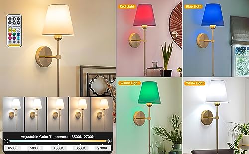 Battery Operated Wall Light Set Of 2，Fabric Wall Sconce Adjustable Angle Lighting not Hardwired Fixture，with Remote Dimmable LED Bulb for Farmhouse Interior Wall Decor (Color : Gold)