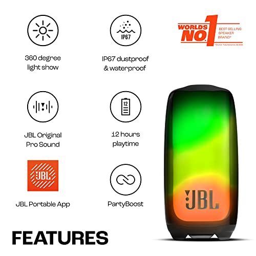 JBL Pulse 5 Portable Bluetooth Speaker with Light Show, 12h Play Time, IP67 Dustproof and Waterproof, Pair with other JBL Speakers using PartyBoost, Black