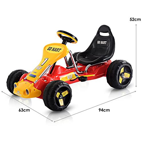 COSTWAY Kids Go Kart, Quad Style Ride On Racer with Adjustable Seat & Non-Slip Wheels, Children Pedal Go-karts for Boys and Girls (Red)