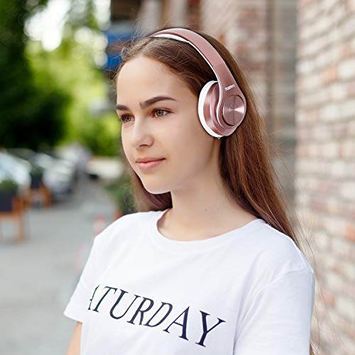 TUINYO Bluetooth Headphones Wireless, Over Ear Stereo Wireless Headset 40H Playtime with deep bass, Soft Memory-Protein Earmuffs, Built-in Mic Wired Mode PC/Cell Phones/TV- Rose Gold