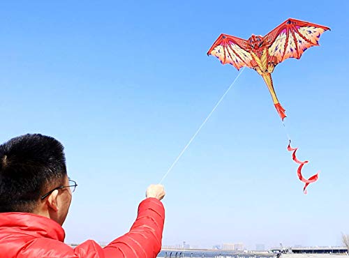 Dragon Kite for Kids and Adults-Easy to Fly, Beginner Kite-55 x 62inch with Spinning Tail 200ft Kite String, Kites Kids(RED)