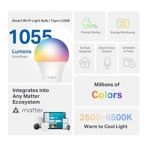 Tapo Matter Smart Wi-Fi LED Bulb, Multicolours, E27, 8.6W, Energy Monitoring, Works with Apple HomeKits, Amazon Alexa and Google Home, Colour-Changeable, No Hub Required (Tapo L535E) [Energy Class E]