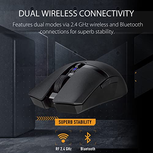 ASUS TUF Gaming M4 Wireless Gaming Mouse, dual wireless modes - Bluetooth/RF 2.4 GHz, 12,000 DPI Optical Sensor, 6 Programmable Buttons, PBT top cover with ASUS Antibacterial Guard, Black