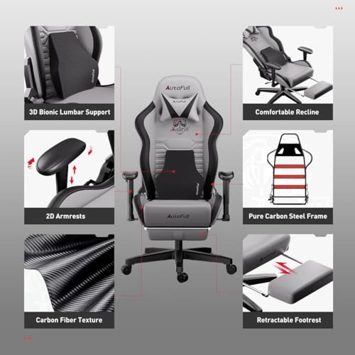 AutoFull C3 Gaming Chair Ergonomic Office Chair with 3D Bionic Lumbar Support, Racing Style Premium PU Leather Computer Chair Gamer Chairs with Footrest and Headrest,Gray,(3-Years Warranty)