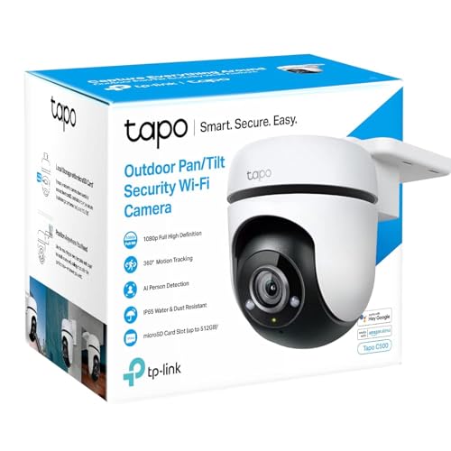 Tapo 1080p Full HD Outdoor Pan/Tilt Security Wi-Fi Camera, 360° Motion Detection, IP65 Weatherproof, Night Vision, Cloud &SD Card Storage, Works with Alexa&Google Home (Tapo C500) White