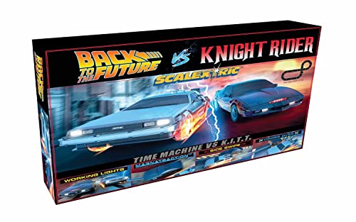 Scalextric 1980s TV - Back to the Future vs Knight Rider Race Set - Electric Race Car Track Set for Ages 5+, Slot Car Race Tracks - Includes: Cars, Track & Controllers - 1:32 Scale Race Sets