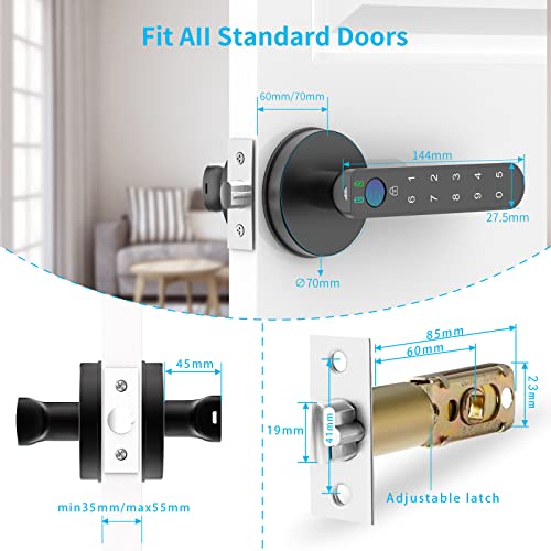 BIWIBON Fingerprint Door Lock with Keypads, Handle, Passwords, Fingerprint Door Knob Keyless Entry Door Lock for Home/Office/Bedroom/Apartment Black