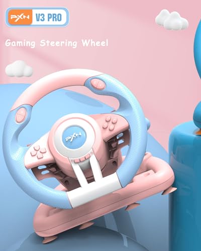 PXN V3 Pro Gaming Steering Wheel with Pedals, 180°Racing Wheel, Vibration Feedback, Shift Paddles, Sequential Body Shifter, Steering Wheel for PC, PS3, PS4, Xbox and Switch -Pink