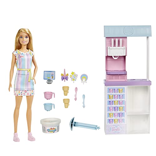 Barbie Ice Cream Shop Playset with 12 in Blonde Doll, Ice Cream Making Feature, 2 Dough Containers, 2 Bowls, 2 Cones, and accesories, Gift for Ages 3 Years Old & Up, HCN46