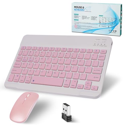 Bluetooth Keyboard, Wireless Keyboard and Mouse 2.4 USB Rechargeable Lightweight 10IN Universal Quiet Portable Mini Keyboard and Mouse set for iPad, iOS, Mac, Windows, Android Tablet Laptop-Pink