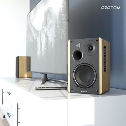 AZATOM EB100 Powered Bookshelf Hifi Speakers, 2.0 Active, Bluetooth, Wired, Wooden Enclosure, Perfect for Music, Vinyl records, Home Theatre, Gaming, Laptops, PC, 50 Watts (Oak)