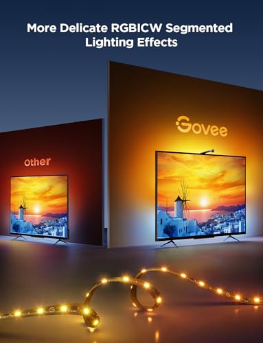 Govee TV Backlight 3 Lite with Fish-eye Correction Function Sync to 55-65 Inch TVs, 3.6m RGBICW Wi-Fi TV LED Backlight with Camera, 4 colours in 1 Lamp Bead, Voice and APP Control, Adapter