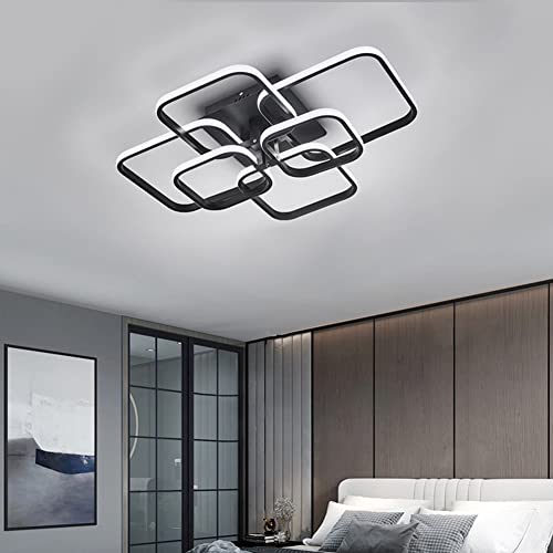 XEMQENER Modern LED Ceiling Light with 6 Squares, 102W Flush Mount Pendant Light, Black Acrylic Chandelier for Living Room Bedroom Dining Room, 6000K Cool White Light Only(NO Remote)