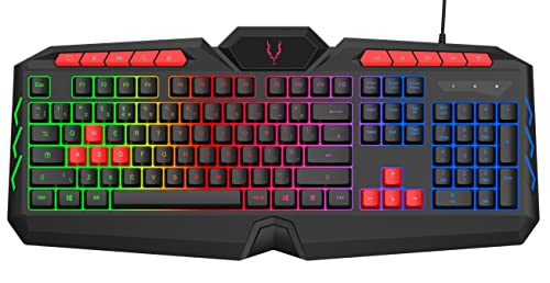 EliteForce Gaming Keyboard LED Rainbow Backlit Light up Membrane Keyboard Spill-Resistant for PC Computer Laptop Windows Gamer Xbox One PS4 PS5 UK Layout Adjustable Backlight 105 + 10 Multimedia Keys