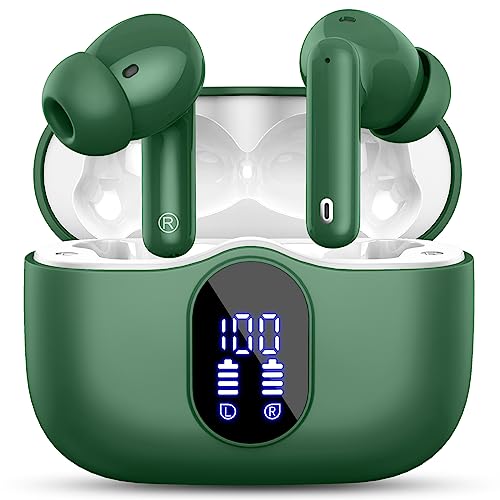 Wireless Earbuds, Bluetooth 5.3 Headphones In Ear with 4 ENC Noise Cancelling Mic, 2023 Bluetooth Earphones Mini HI-FI Stereo Sound, LED Display Wireless Headphones 36H Playtime IP7 Waterproof, Green