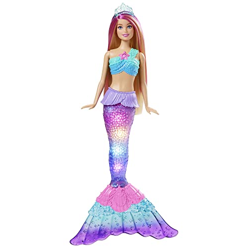 Barbie Dreamtopia Twinkle Lights Mermaid Doll, Barbie Doll with Pink and Blonde Hair, 4 Light Patterns, Toys for Ages 3 and Up, One Mermaid Barbie Doll, HDJ36