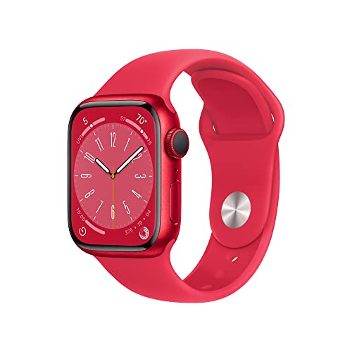 Apple Watch Series 8 (GPS 41mm) Smart watch - (PRODUCT) RED Aluminium Case with (PRODUCT) RED Sport Band - Regular. Fitness Tracker, Blood Oxygen & ECG Apps, Water Resistant