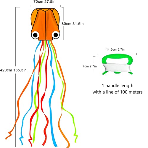 Large Octopus Kites-1 Pcs Rainbow Mollusc Flying Octopus Kite for Kids and Adults,kites for adults Beach and Summer Outdoor Toy with 100 meters Flying Line and Spool, Nylon Kite for Beginners(Orange)