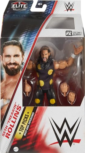 Mattel WWE Top Picks Elite Action Figure & Accessories Set, Seth Rollins 6-inch Collectible with Swappable Hands, Ring Gear & 25 Articulation Points, HTX72